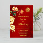 バイリンガル牡丹の花中国の金ゴールド結婚ズ 箔招待状 (立ち正面)