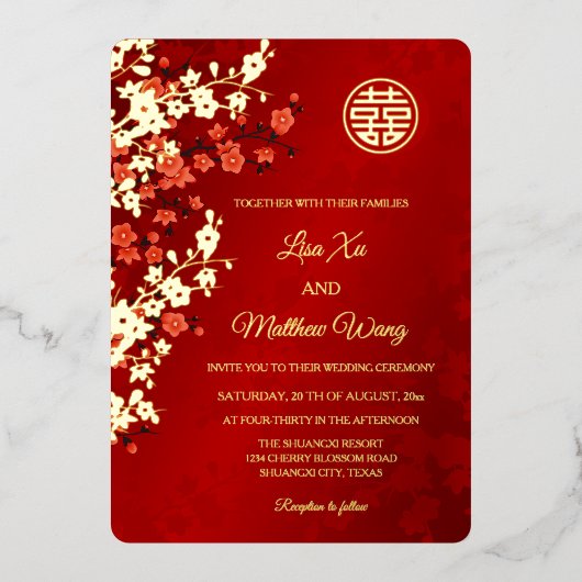 バイリンガル赤金ゴールドさくらんぼ中国のブロッサム結婚ズ 箔招待状 (正面)