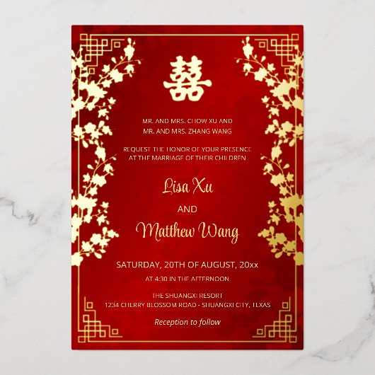 バイリンガル金ゴールドフレーム中国のレッド結婚ズ 箔招待状 (正面)
