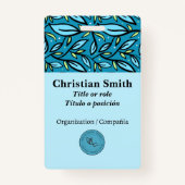 バイリンガル青ターコイズ葉パターン バッジ (正面)