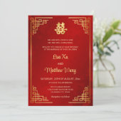バイリンガル ゴールドフレーム 赤 中国 結婚式 招待状 (スタンド正面)