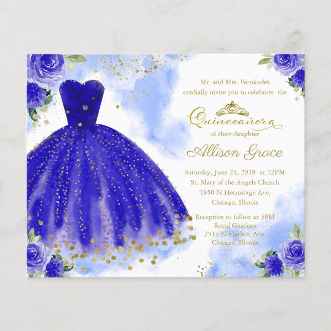 バイリンガル ロイヤルブルーの quinceanera 招待状 (正面)