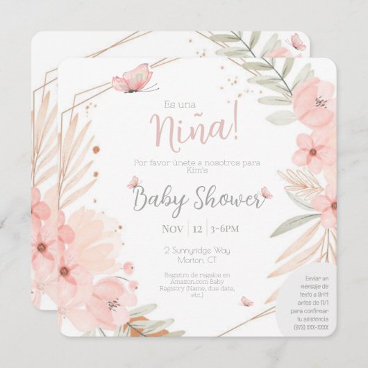 バイリンガル(両面)赤ちゃんシャワーガールピンク 招待状 (正面/裏面)
