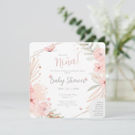 バイリンガル(両面)赤ちゃんシャワーガールピンク 招待状 (スタンド正面)
