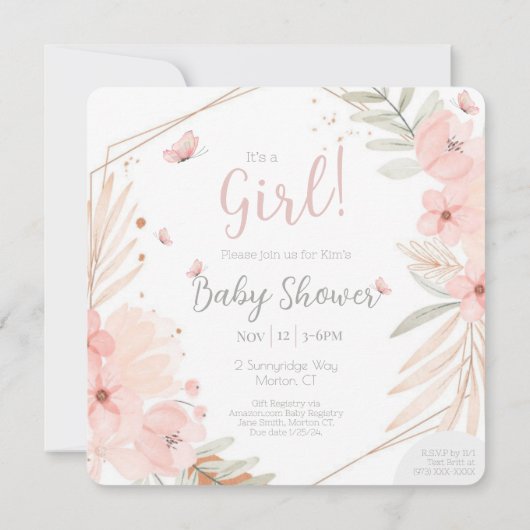 バイリンガル（両面）赤ちゃんシャワーガールピンク 招待状 (裏面)