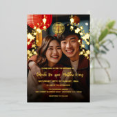 バイリンガル 写真 赤 金 中国 結婚式 箔招待状 (立ち正面)