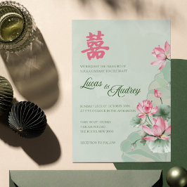 バイリンガル 結婚式 招待状 グリーン ピンク 蓮