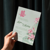バイリンガル 結婚式 招待状 グリーン ピンク 蓮