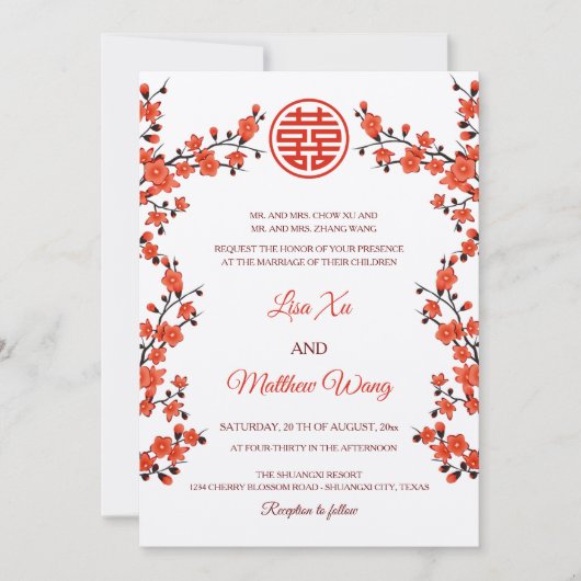 バイリンガル 赤い桜 | 中国風結婚式 招待状 (正面)