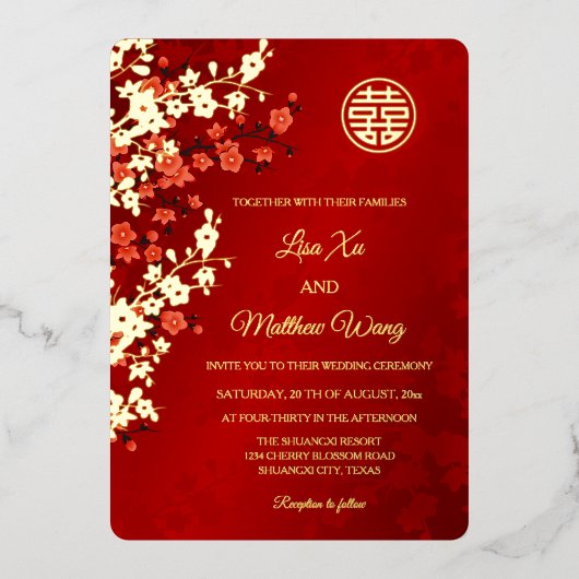 バイリンガル 赤い金色の桜の華 中国式結婚式 箔招待状 (正面)