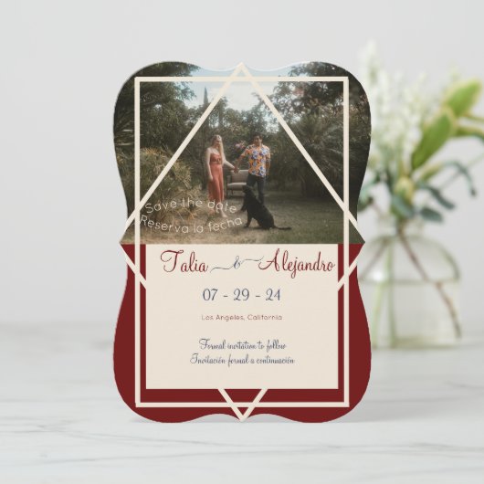 バイリンガルBurgundy Wedding Save the Date (スタンド正面)
