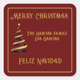 バイリンガルFeliz Navidadクリスマスレッドとゴールデン スクエアシール