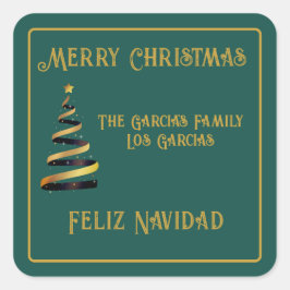 バイリンガルFeliz Navidad Christmas Green Golden スクエアシール