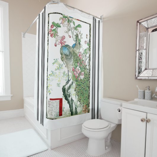 バイレイピーコックの鳥が花にシャワーカーテン シャワーカーテン (インサイチュ)