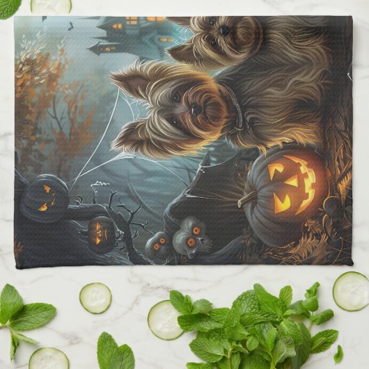 バイワーテリアハロウィーンナイトドギー喜び キッチンタオル (折り畳み)
