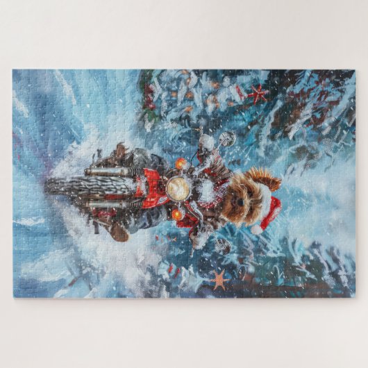 バイワーテリア犬オートバイクリスマスに乗る ジグソーパズル (横)