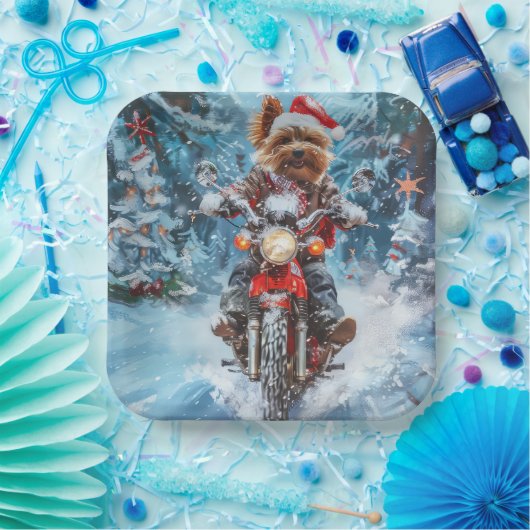 バイワーテリア犬オートバイクリスマスに乗る ペーパープレート (パーティー)