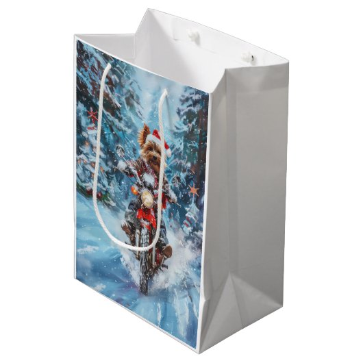 バイワーテリア犬オートバイクリスマスに乗る ミディアムペーパーバッグ (正面アングル)