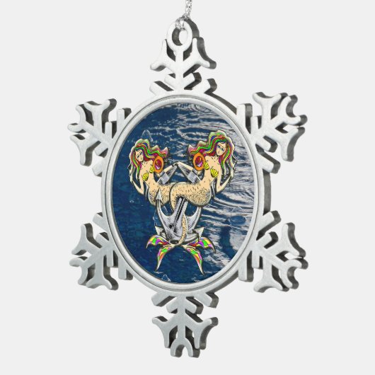 バインドされたメルメイド航海の-海愛好家のためのデザイン スノーフレークピューターオーナメント (右)