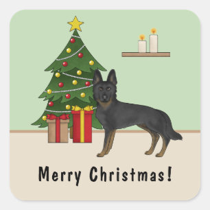 バイ・ブラックジャーマンシェパードのクリスマスツリーとテキスト スクエアシール