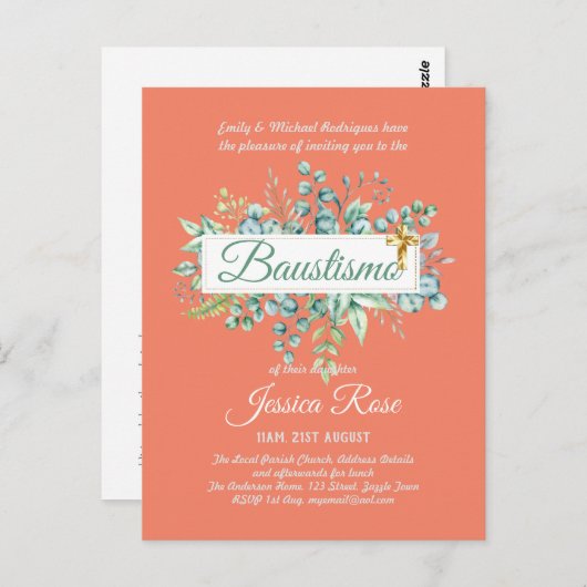 バウスティスモ招待状ユーカリプトゥスグリーンリー予算 ポストカード (正面/裏面)