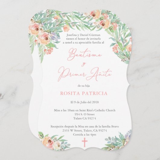 バウティスモスペインのバプテスマ&女子のための最初の誕生日 招待状 (正面/裏面)