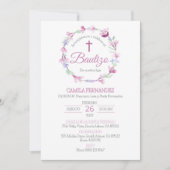 バウティゾインビタシオンキュートクロスピンク花バプテスマ 招待状 (正面)
