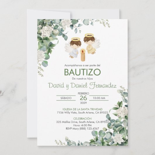 バウティゾインビタシオンツイン少年たち離れグリーンバプテスマ 招待状 (正面)