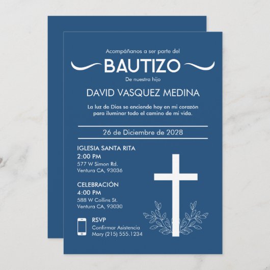 バウティゾキュートベビーバプテスマスペインのス十字架と葉 招待状 (正面/裏面)