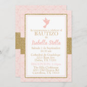 バウティゾスペインのバプティスピンク金ゴールド鳩 招待状 (正面/裏面)
