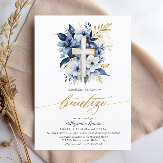 バウティゾネイビーブルー&金ゴールドウォーターカラースペインの 招待状