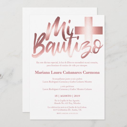 バウティゾバプテスマスペインのス語フェイクバラ金ゴールド 招待状 (正面/裏面)