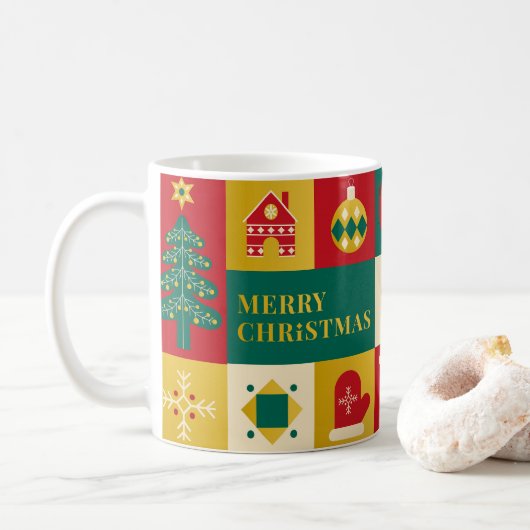 バウハウス風クリスマスブロックパターン コーヒーマグカップ (ドーナツ)
