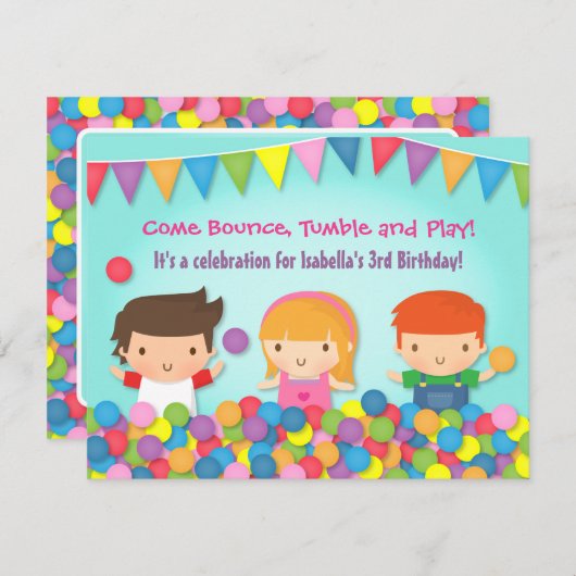バウンカラフルス遊ジム子供の誕生日パーティー 招待状 (正面/裏面)