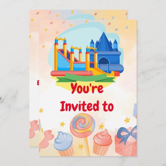 バウンシーキャッスルアドベンチャーパークバースデーパーティーインヴィ 招待状 (正面/裏面)