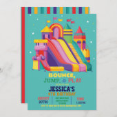 バウンシーキャッスルバースデーパーティージャンプバウンスティール(緑がかった色) 招待状 (正面/裏面)