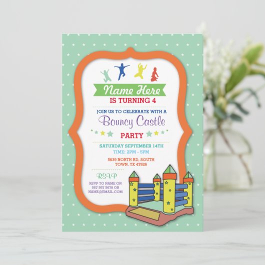 バウンシーキャッスルパーティーグリーン子供の誕生日招待状 招待状 (スタンド正面)