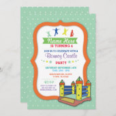 バウンシーキャッスルパーティーグリーン子供の誕生日招待状 招待状 (正面/裏面)
