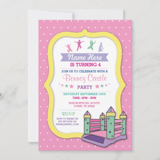 バウンシーキャッスルパーティーピンク子供の誕生日招待状 招待状 (正面)