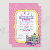 バウンシーキャッスルパーティーピンク子供の誕生日招待状 招待状 (正面/裏面)