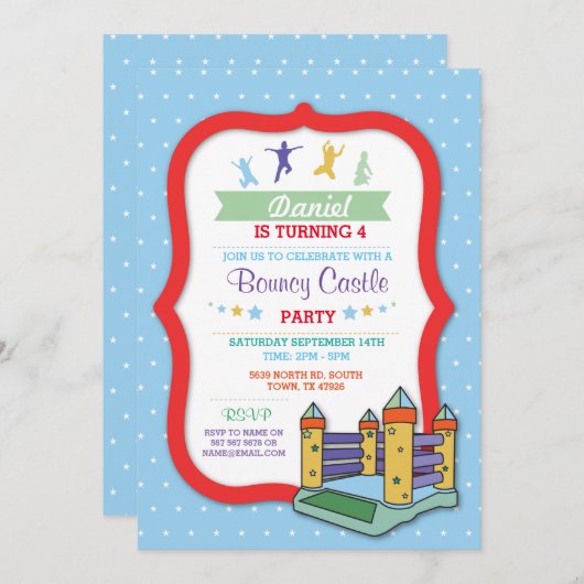 バウンシーキャッスルパーティーブルー子供の誕生日招待状 招待状 (正面/裏面)