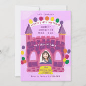 バウンシーハウスパープルピンクキッズバースデーパーティー 招待状 (正面)