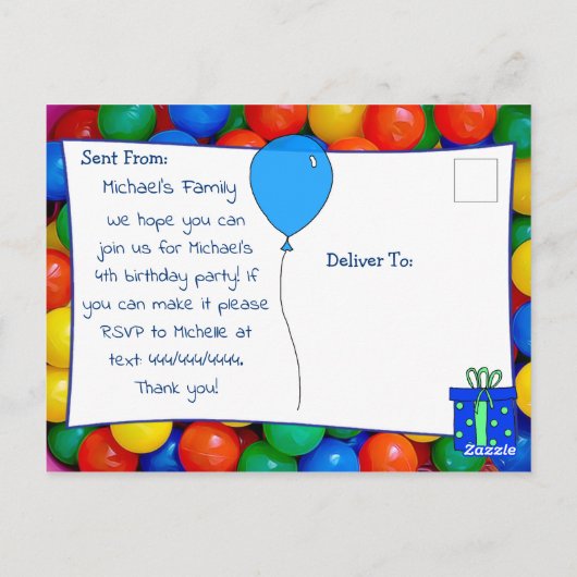 バウンシーボールピットボーイズバースデーパーティー招待状 ポストカード (裏面)