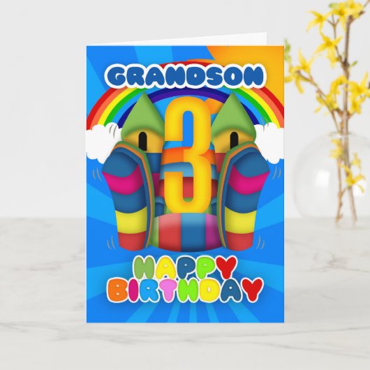 バウンシー城付き孫の第3バースデーカード カード (黄色い花)