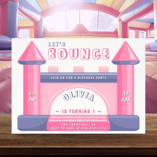 バウンスハウスガールズバースデーパーティピンク&パープル 招待状