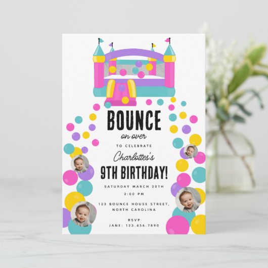 バウンスハウスジャンピングキャッスルガールズフォト誕生日 招待状 (スタンド正面)