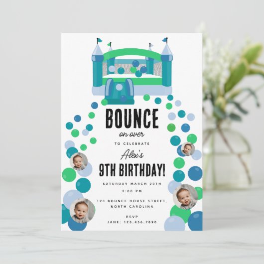 バウンスハウスジャンピングキャッスルボーイズ写真誕生日 招待状 (スタンド正面)