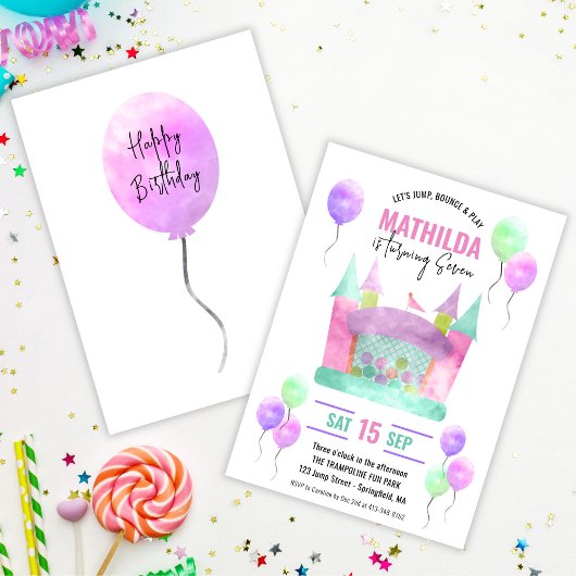 バウンスハウスジャンプトランポリンガールバースデーパーティー 招待状