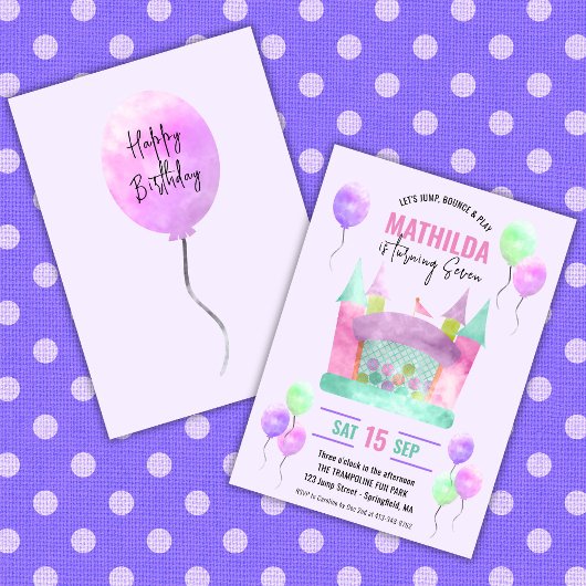 バウンスハウスジャンプトランポリンガールバースデーパーティー 招待状