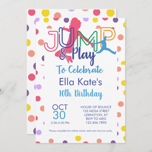 バウンスハウスジャンプパーティートランポリンパーク誕生日 招待状 (正面/裏面)